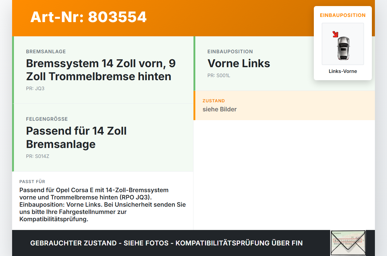 Opel Corsa E 14-19 1,2 51KW Bremssattel Bremszange Vorne Links Opel Corsa E 14-19 16.05.2018 95517020 542411 gebraucht Vorschau 3