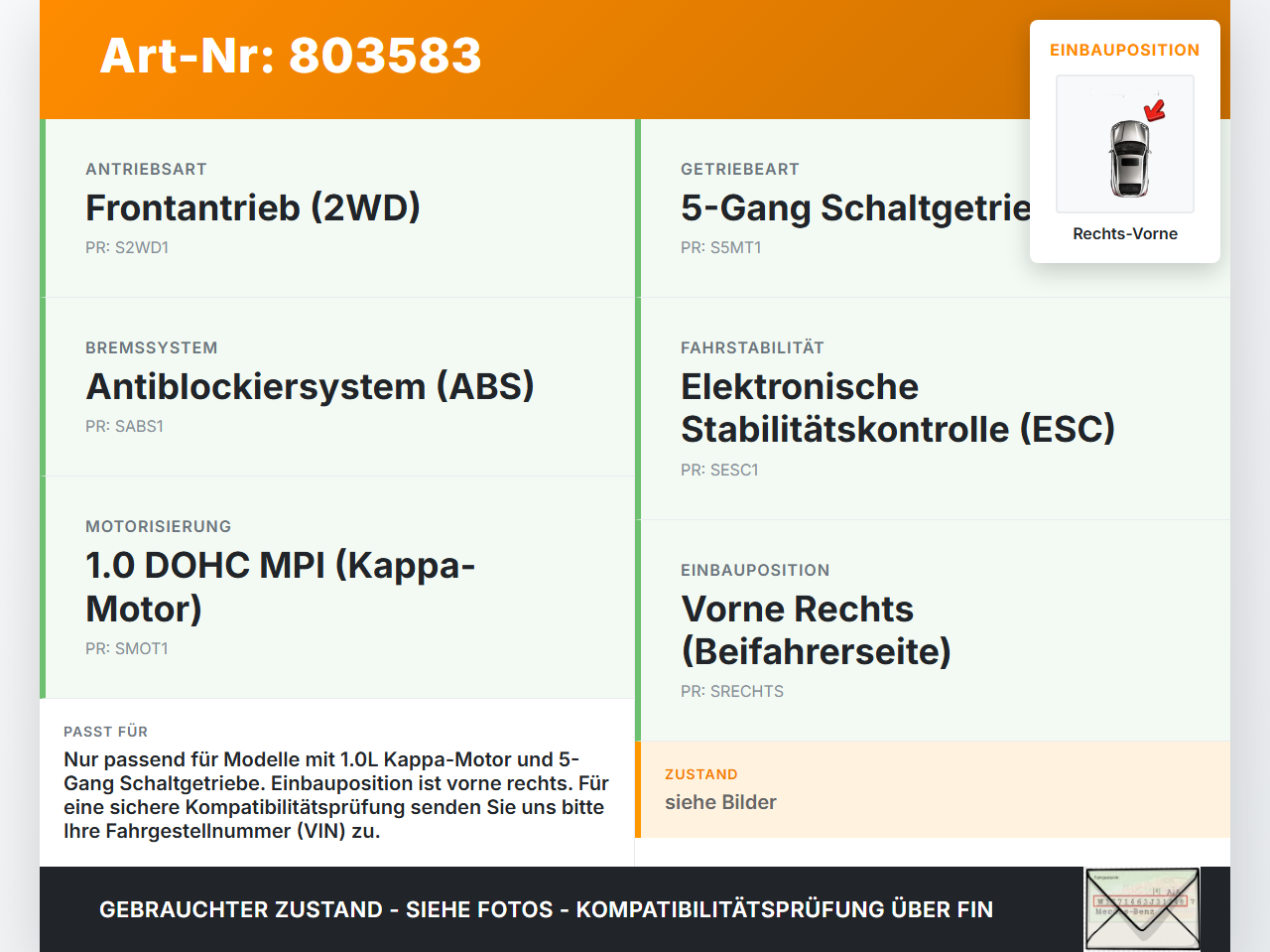 Kia Picanto JA 17-21 1,0 49KW Antriebswelle Gelenkwelle Rechts Vorne Kia Picanto JA 17-21 17.04.2018 A001RSB2H092VM... Vorschau 3