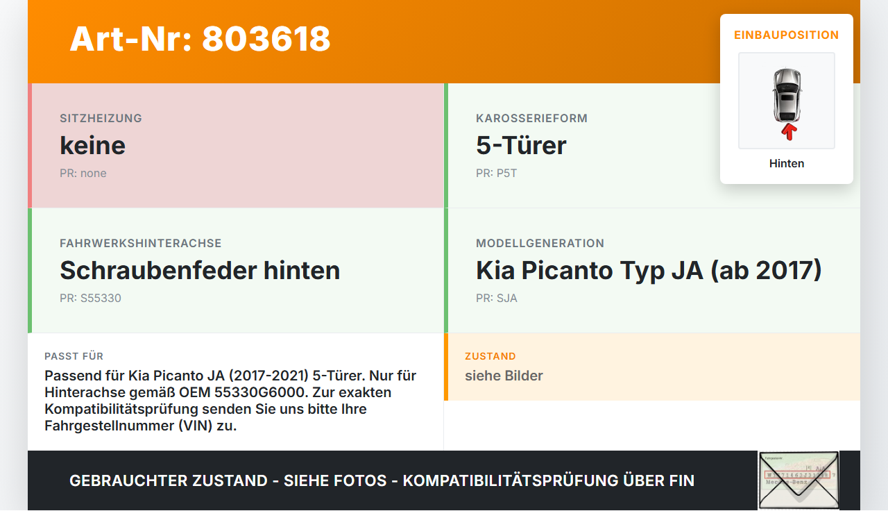 Kia Picanto JA 17-21 5T Beide Feder Federn Hinten Kia Picanto JA 17-21 17.04.2018 55330G6000 55335-G6000 gebraucht Vorschau 3