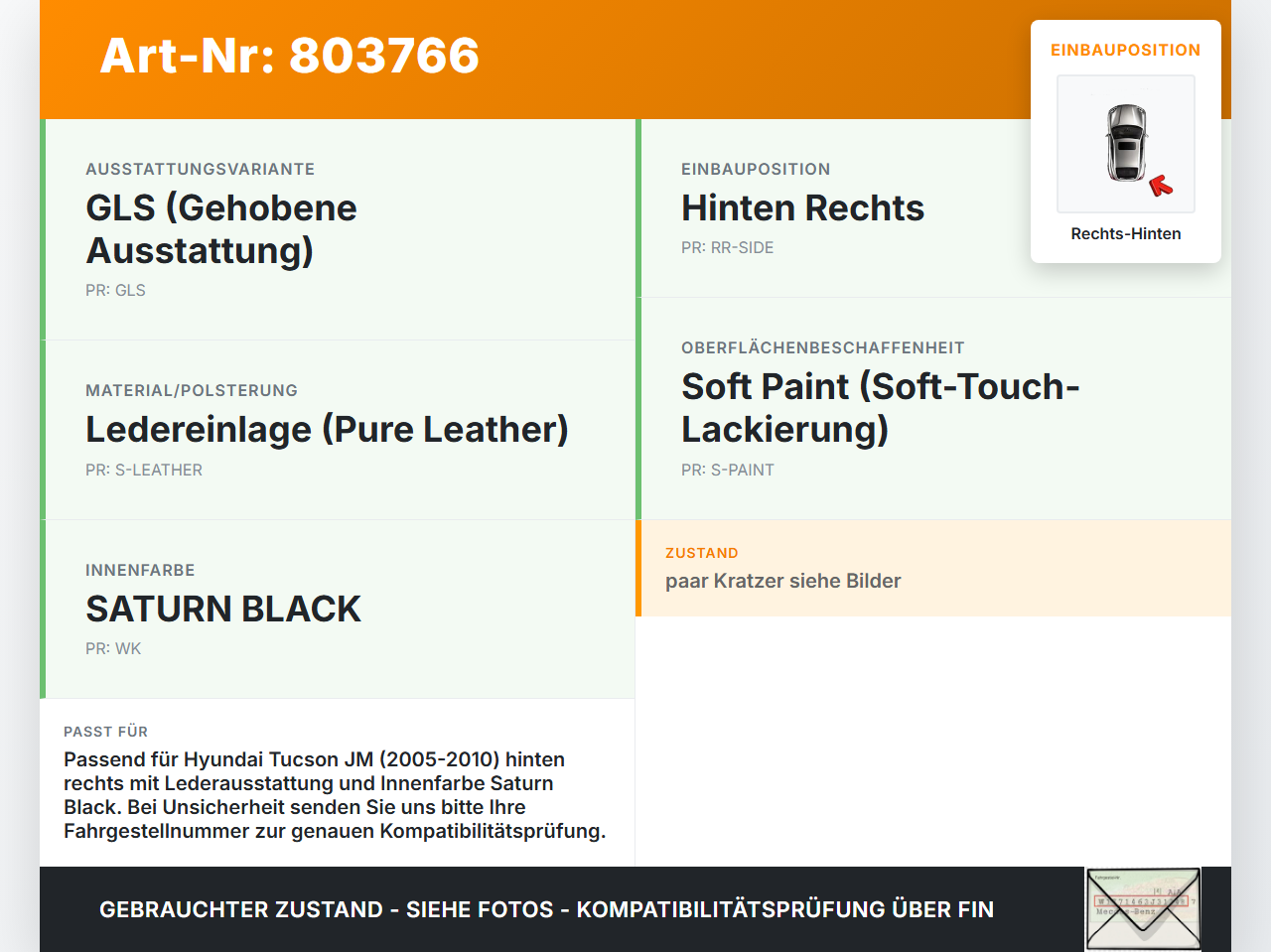 Hyundai Tucson JM 05-10 Türverkleidung Türpappe Rechts Hinten Ledereinlage Hyundai Tucson JM 05-10 20.12.2007... Vorschau 3