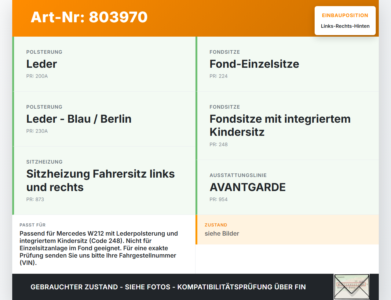 Mercedes W212 E350 09-14 Kopfstütze Rechts oder Links Hinten Mercedes W212 E350 09-14 04.06.2009 A2129700850 gebraucht Vorschau 3