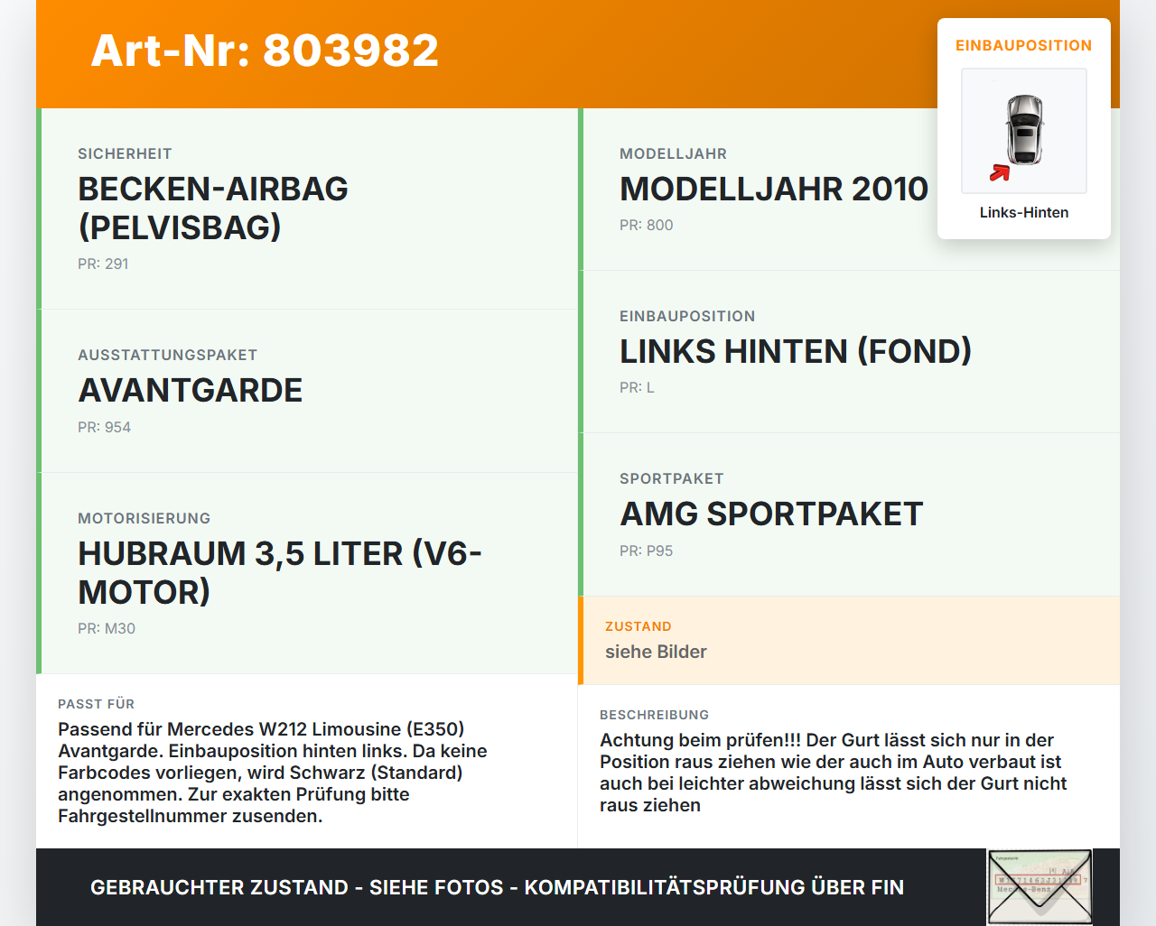 Mercedes W212 E350 09-14 Lim Gurt Sicherheitsgurt Links Hinten Gurtstraffer Mercedes W212 E350 09-14 04.06.2009... Vorschau 3