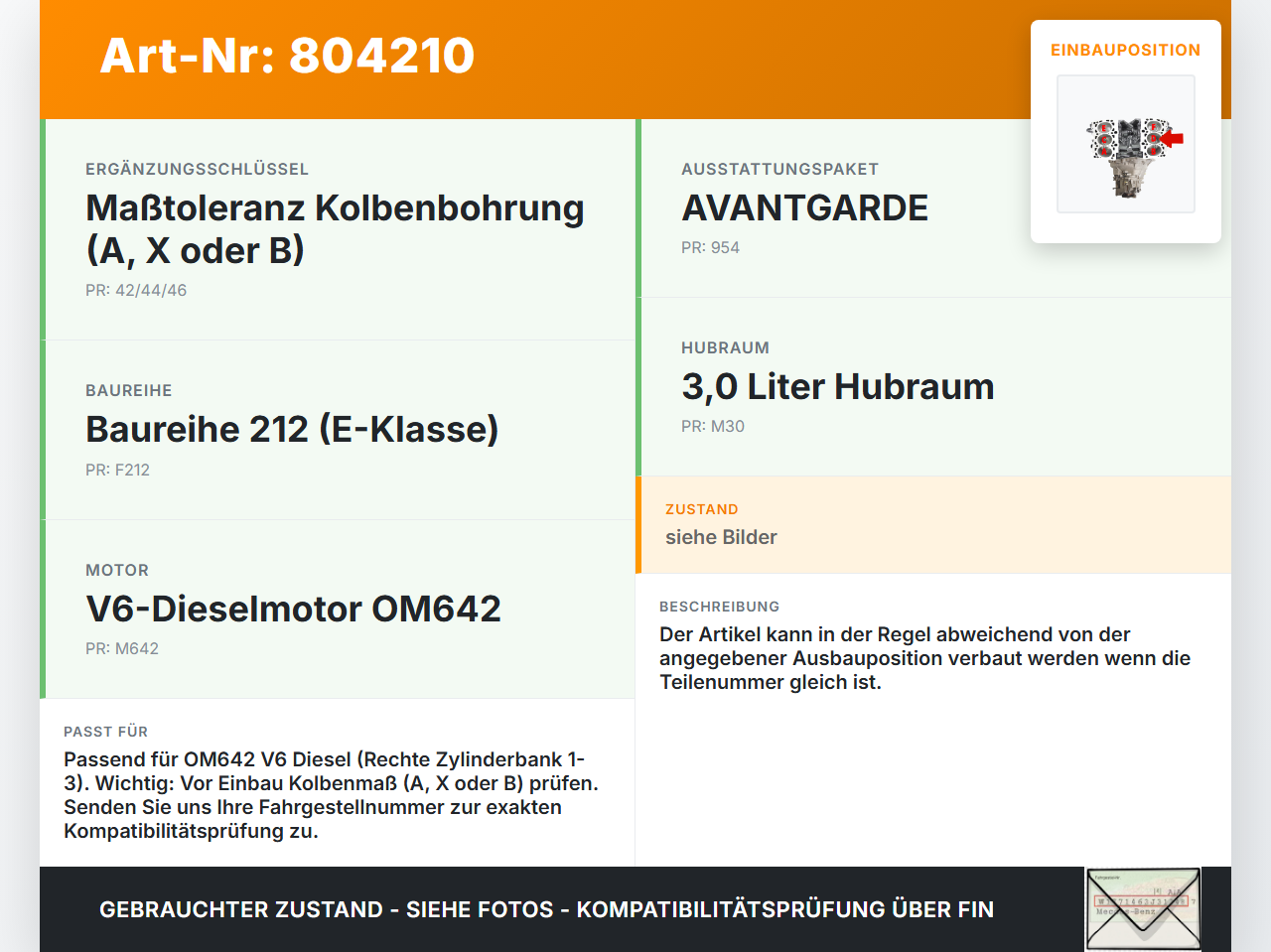 Mercedes W212 E350 09-14 CDI 3,0 170KW 642850 Kolben mit Pleuel Pos D 1-3 Rechts Mercedes W212 E350 09-14... Vorschau 3