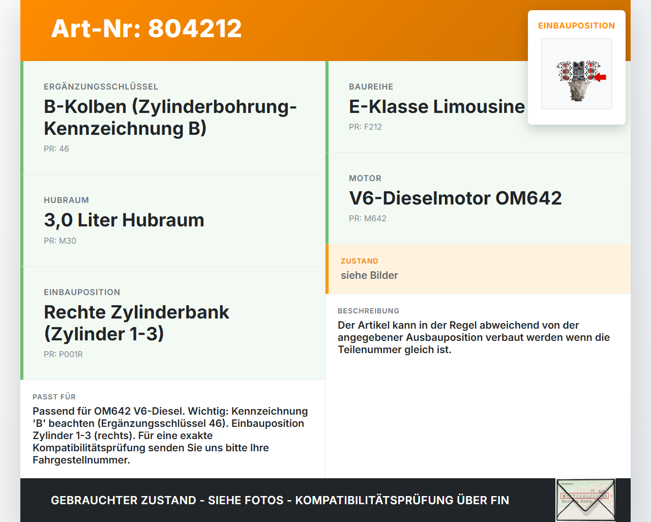 Mercedes W212 E350 09-14 CDI 3,0 170KW 642850 Kolben mit Pleuel Pos B 1-3 Rechts Mercedes W212 E350 09-14... Vorschau 3