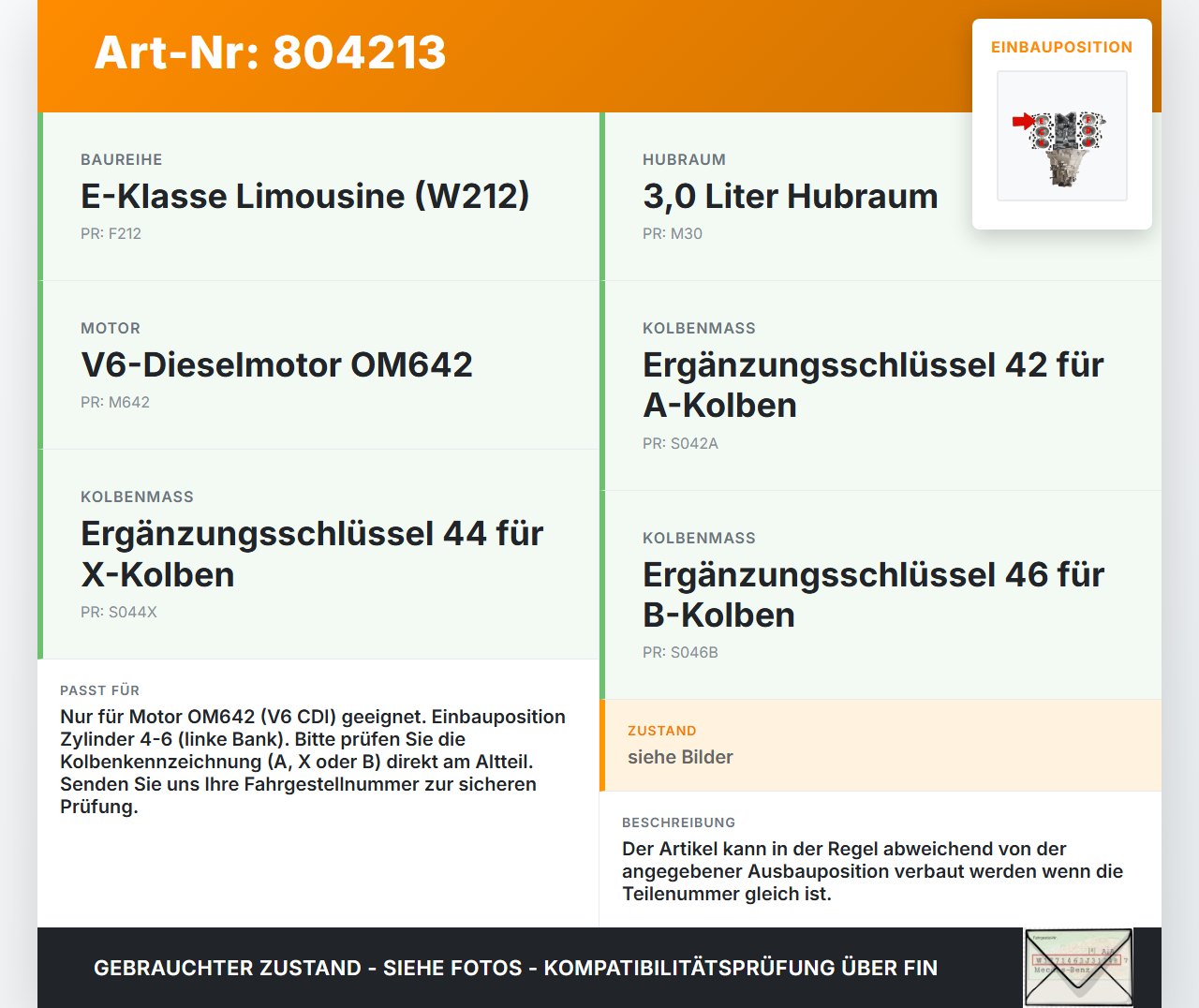 Mercedes W212 E350 09-14 CDI 3,0 170KW 642850 Kolben mit Pleuel Pos E 4-6 Links Mercedes W212 E350 09-14 04.06.2009... Vorschau 3
