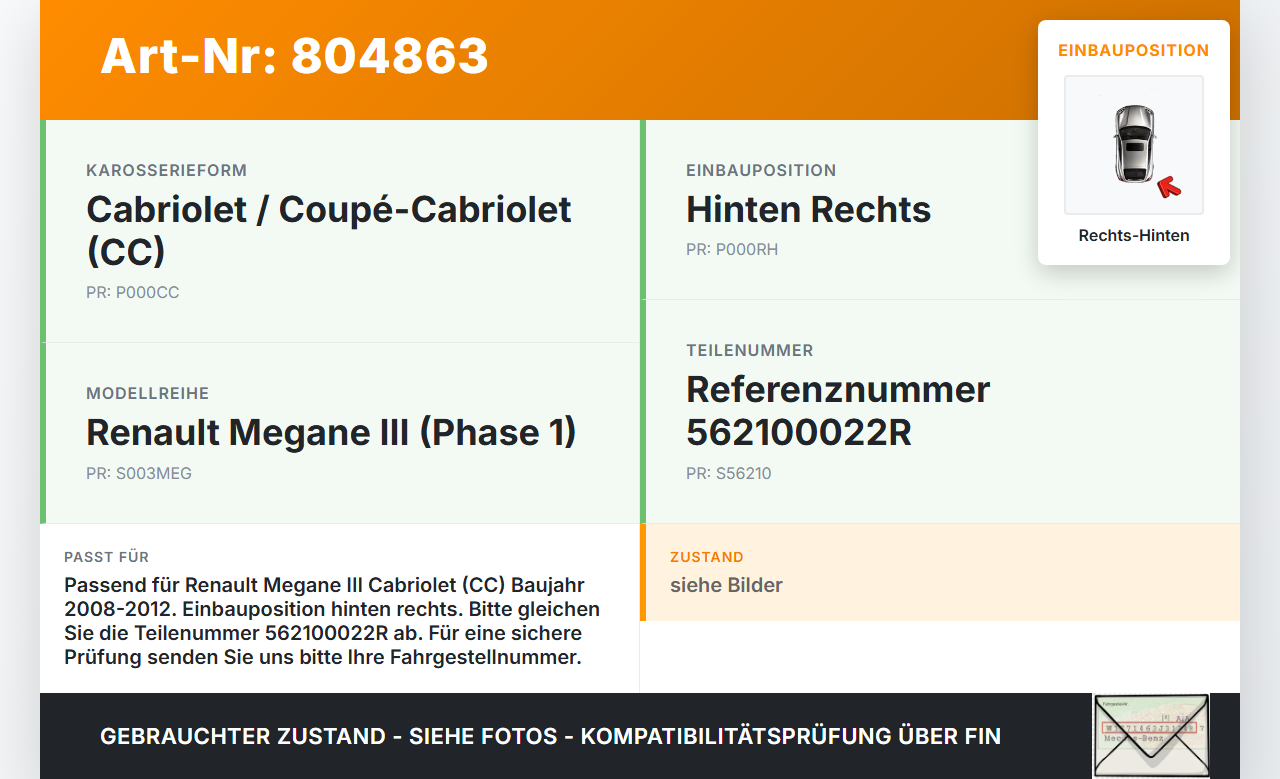 Renault Megane III CC 08-12 Cabriolet Stossdämpfer Rechts Hinten Renault Megane III CC 08-12 06.04.2011 562100022R... Vorschau 3