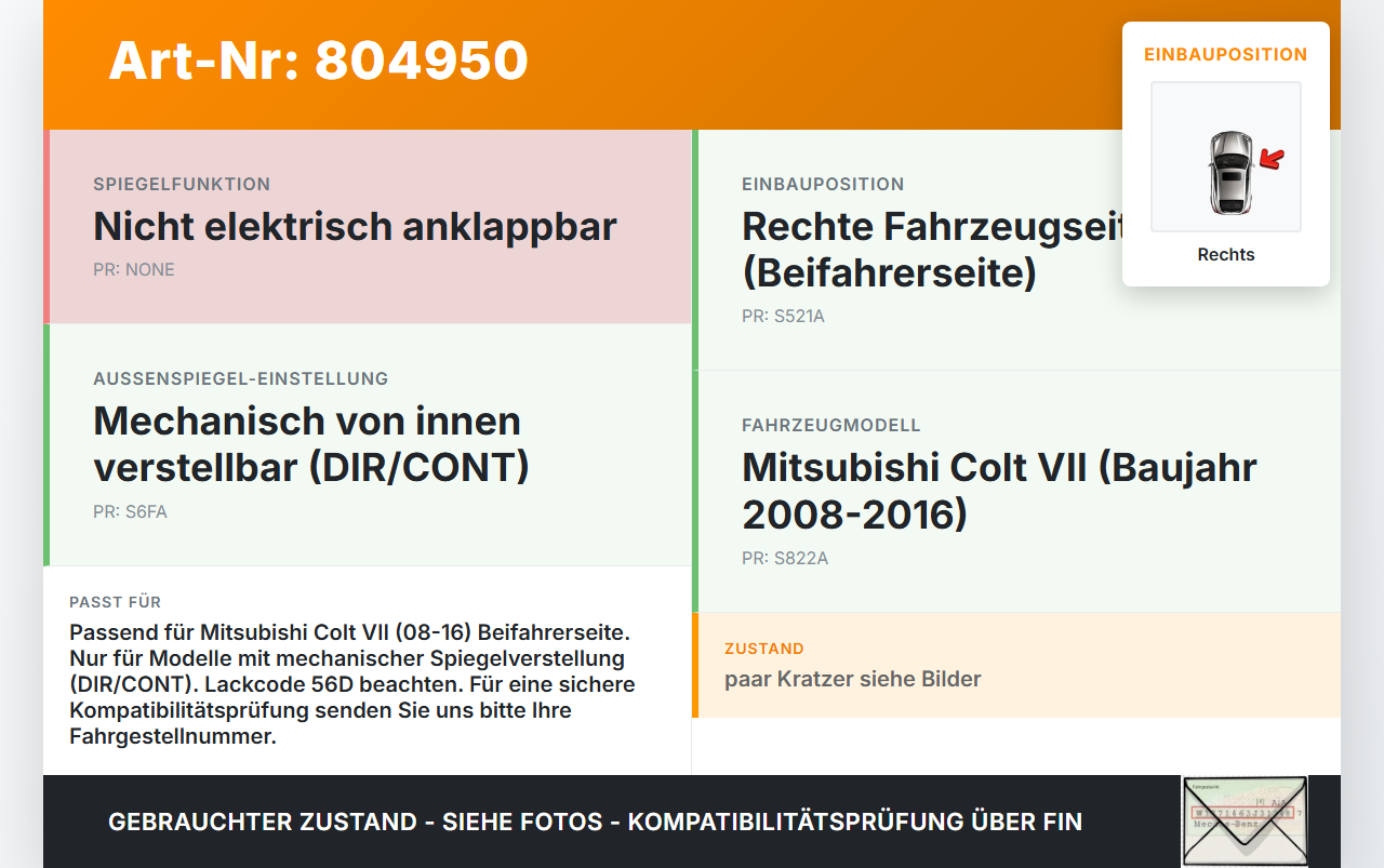 Mitsubishi Colt VII 08-16 Spiegel Aussenspiegel Rechts mechanisch 56D Mitsubishi Colt VII 08-16 15.03.2009 7632A170... Vorschau 3