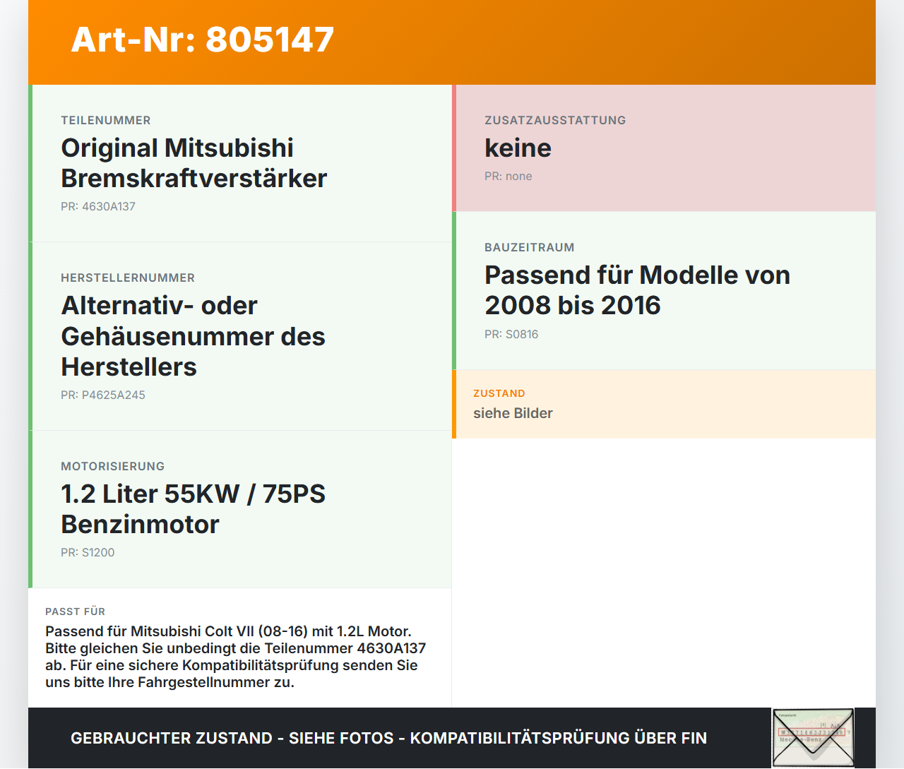 Mitsubishi Colt VII 08-16 1,2 55KW Bremskraftverstärker Mitsubishi Colt VII 08-16 15.03.2009 P4625A245 4630A137... Vorschau 3