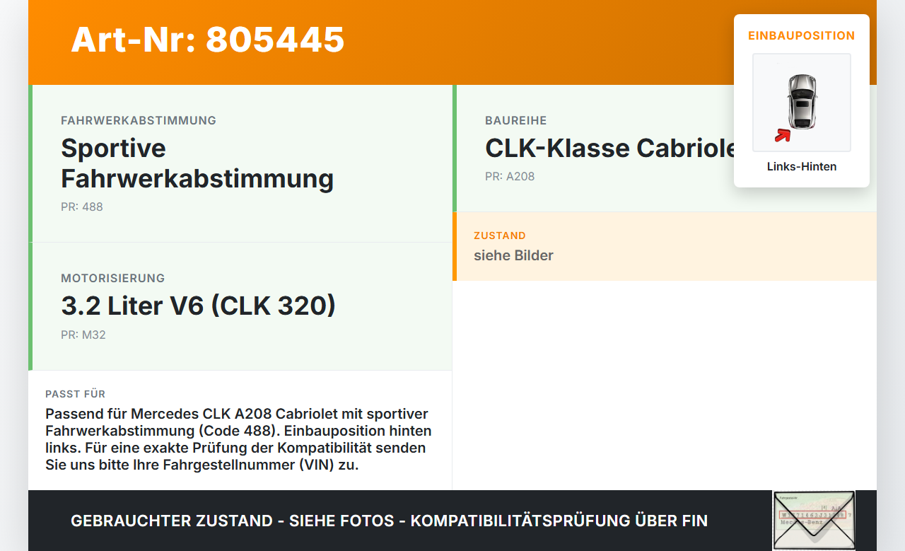 Mercedes CLK 320 A208 Cabriolet Stossdämpfer Links Hinten Mercedes CLK 320 A208 12.03.1999 A2083200431 gebraucht Vorschau 3