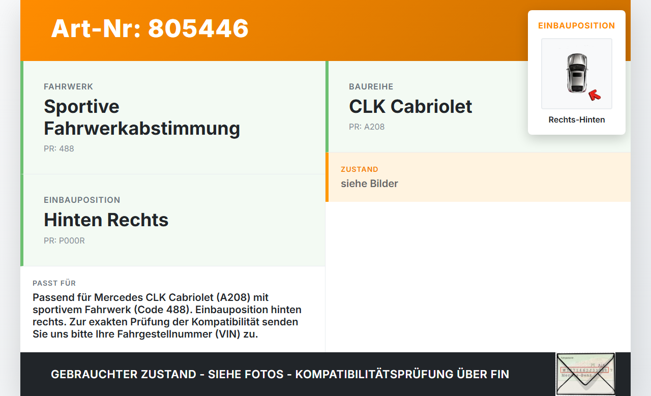 Mercedes CLK 320 A208 Cabriolet Stossdämpfer Rechts Hinten Mercedes CLK 320 A208 12.03.1999 A2083200431 gebraucht Vorschau 3