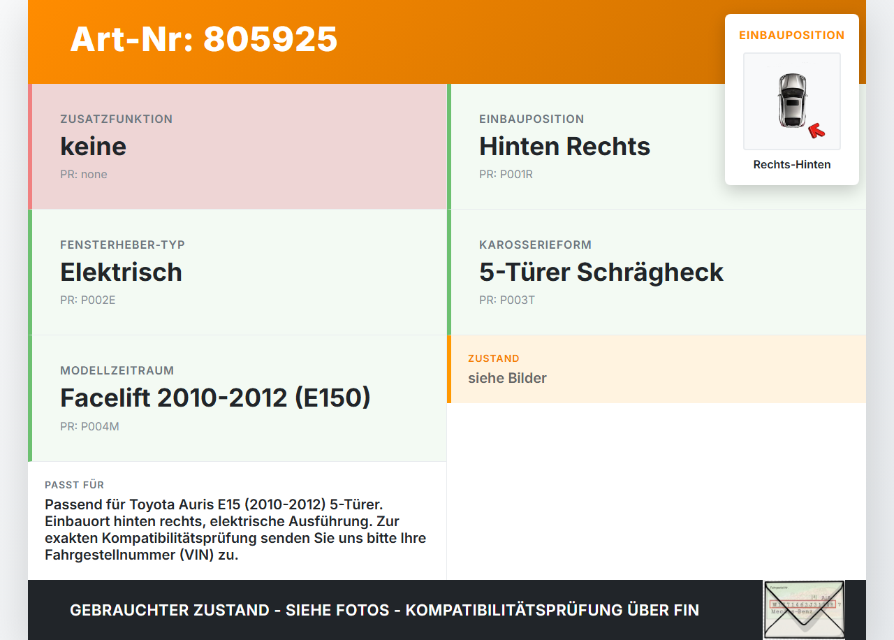 Toyota Auris ZW E150 10-12 5T Fensterhebermotor mit Fensterheber Rechts Hinten Toyota Auris ZW E150 10-12... Vorschau 3