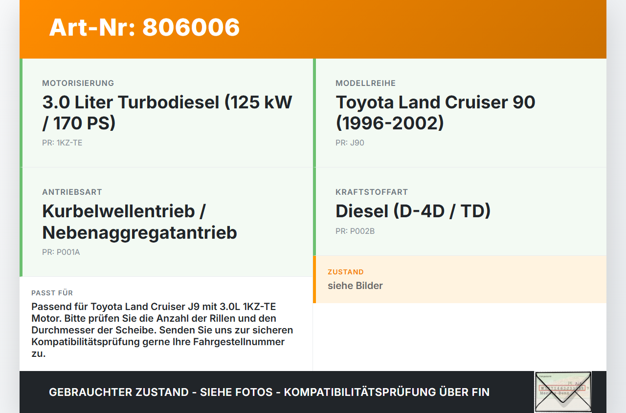 Toyota Land Cruiser 90 J9 96-02 D-4D 3,0 120KW 1KZTE Riemenscheibe Toyota Land Cruiser 90 J9 96-02 01.02.2000... Vorschau 3