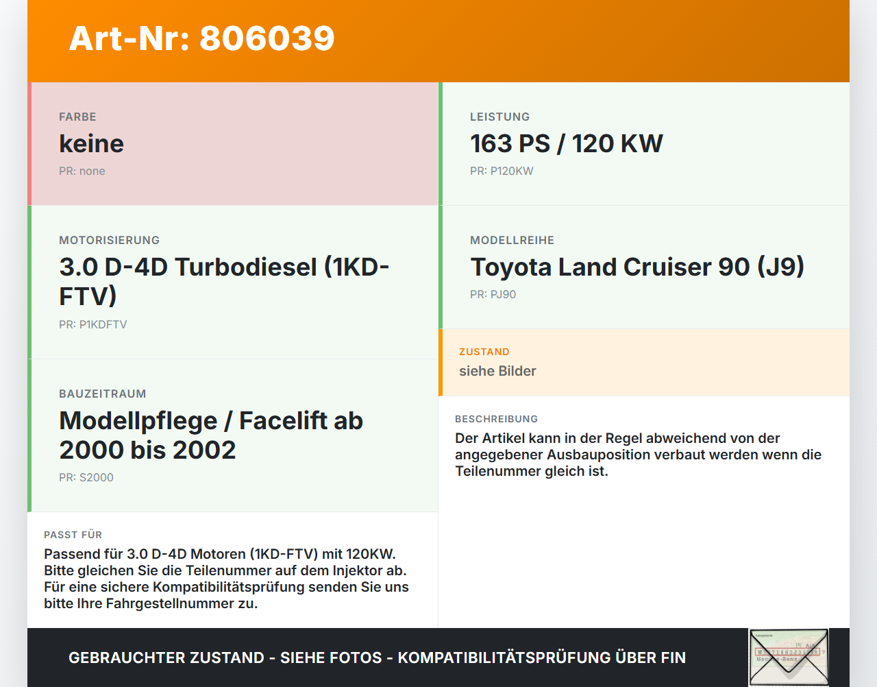 Toyota Land Cruiser 90 J9 96-02 D-4D 3,0 120KW Injektor Einspritzdüse Zyl.1 Toyota Land Cruiser 90 J9 96-02... Vorschau 3