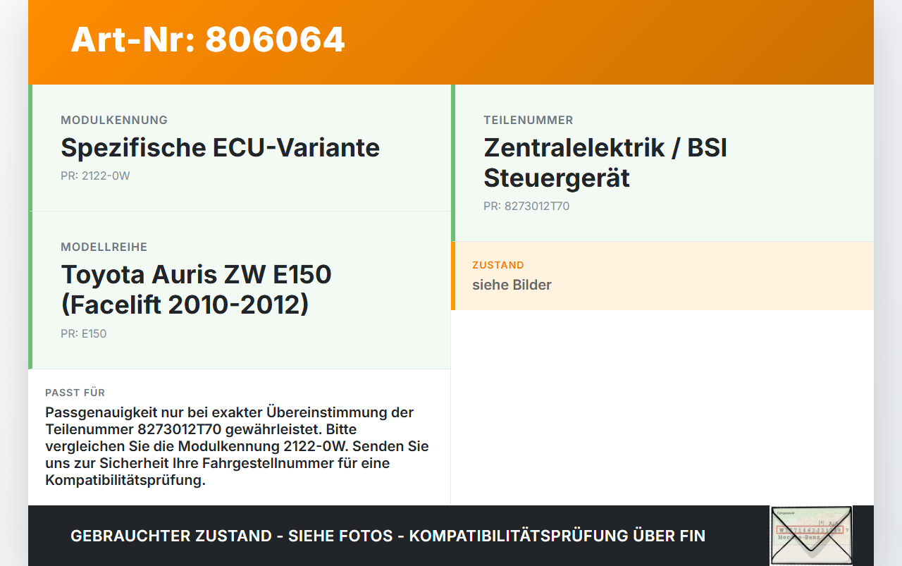 Toyota Auris ZW E150 10-12 Steuergerät ECU Modul SG BSI Toyota Auris ZW E150 10-12 14.04.2011 8273012T70... Vorschau 3