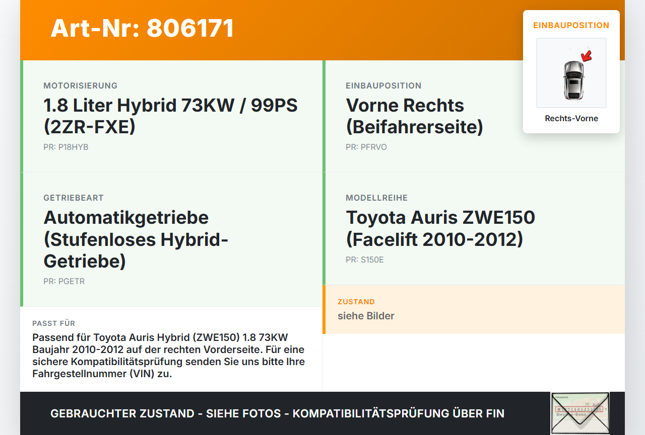 Toyota Auris ZW E150 10-12 Hyb 1,8 73KW Autom Antriebswelle Gelenkwelle Rechts Vorne Toyota Auris ZW E150 10-12... Vorschau 3