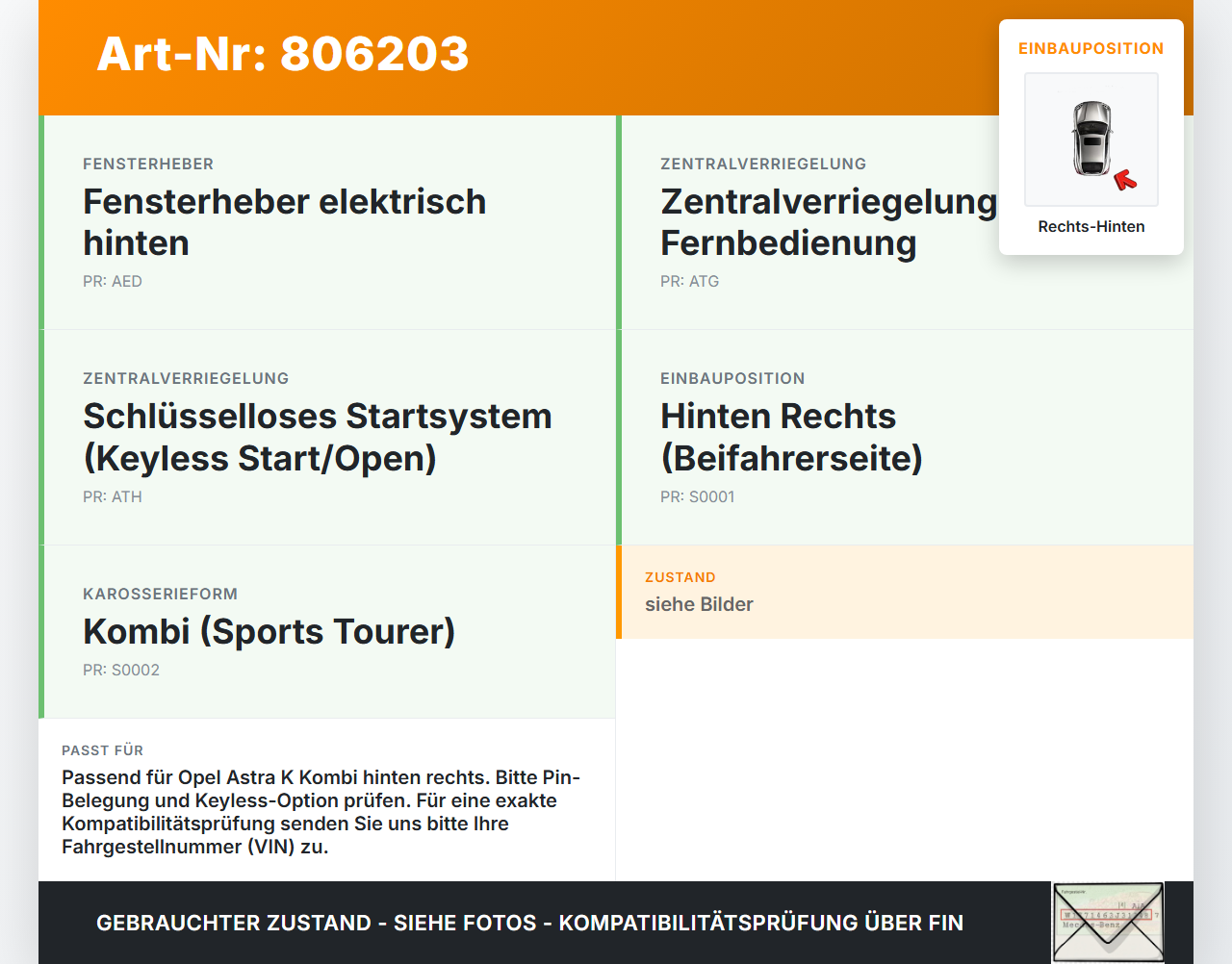 Opel Astra K 15-19 Kombi Türschloss m. ZV Stellmotor Rechts Hinten Opel Astra K 15-19 27.11.2018 13598385 G-721516... Vorschau 3