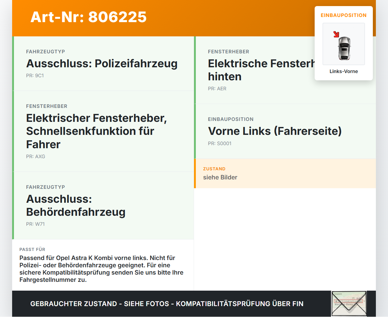 Opel Astra K 15-19 Kombi Fensterhebermotor mit Fensterheber Links Vorne Opel Astra K 15-19 27.11.2018 39142315 gebraucht Vorschau 3