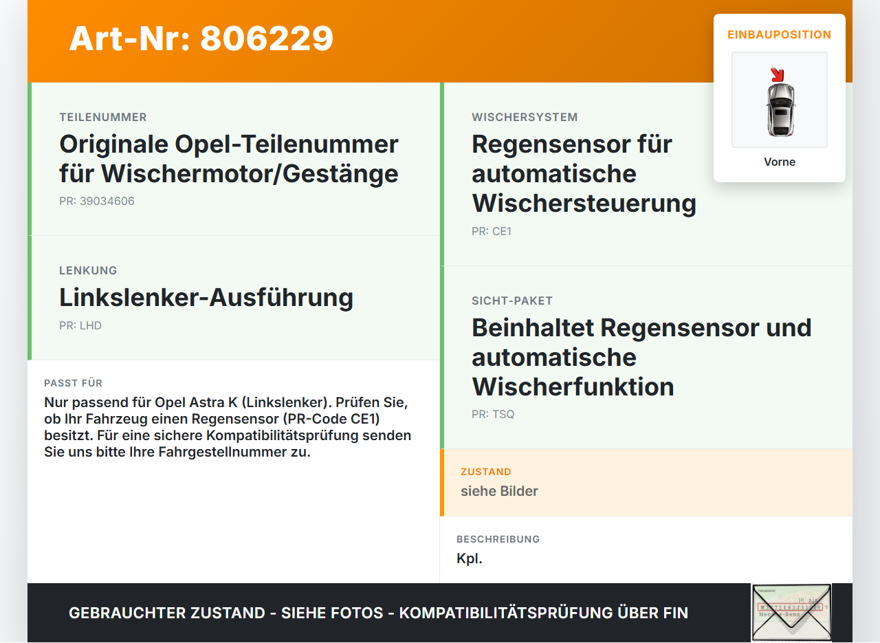 Opel Astra K 15-19 Wischermotor m. Wischergestänge Vorne Opel Astra K 15-19 27.11.2018 39034606 3397021778... Vorschau 3