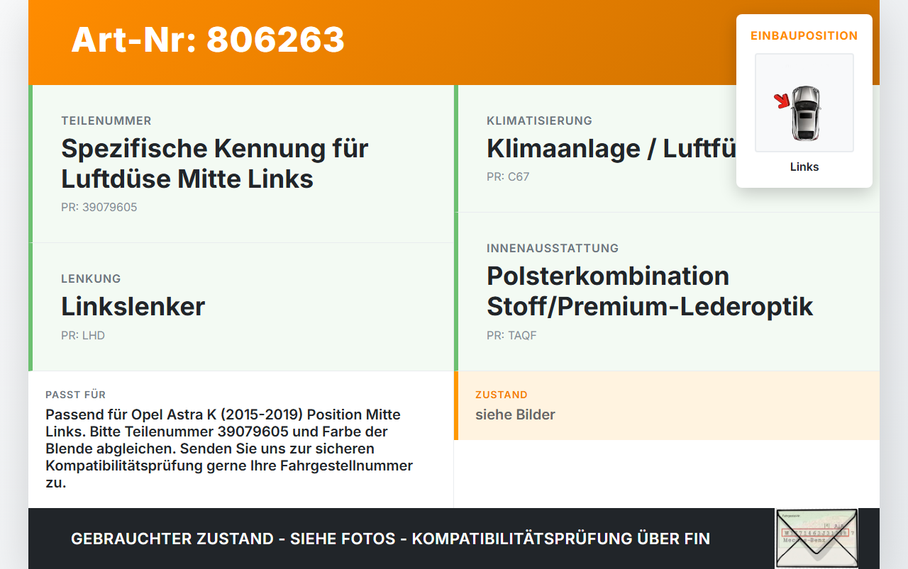 Opel Astra K 15-19 Luftdusche Luftdüse Mitte Links Opel Astra K 15-19 27.11.2018 39079605 gebraucht Vorschau 3
