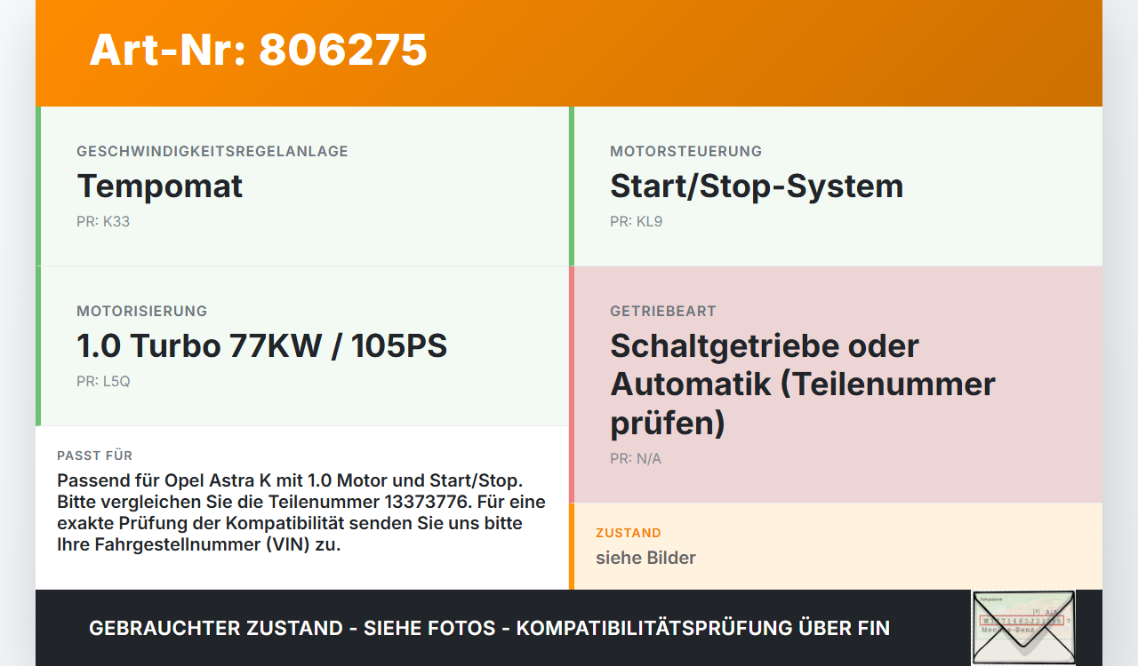 Opel Astra K 15-19 1,0 77KW Gaswertgeber Gaspedal Opel Astra K 15-19 27.11.2018 13373776 6PV011554-00 gebraucht Vorschau 3