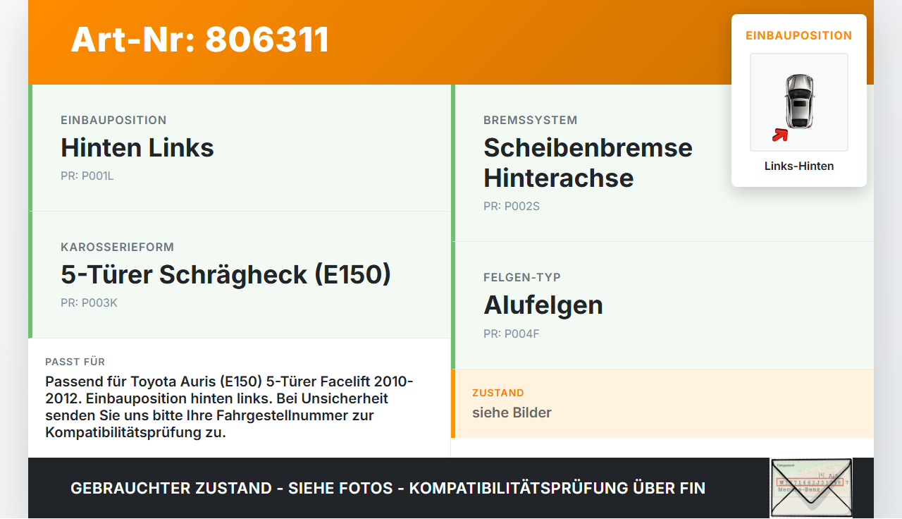 Toyota Auris ZW E150 10-12 5T Bremssattel Links Hinten Toyota Auris ZW E150 10-12 14.04.2011 4100-7203675 7203675... Vorschau 3