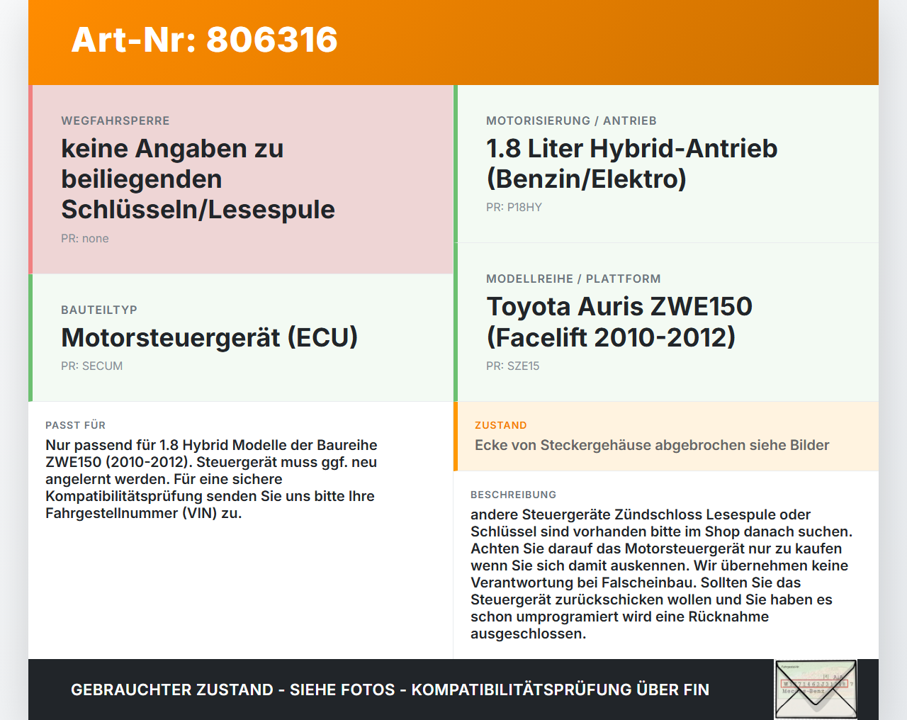 Toyota Auris ZW E150 10-12 Hyb 1,8 73KW Steuergerät ECU für Motor Motorsteuergerät Toyota Auris ZW E150 10-12... Vorschau 3