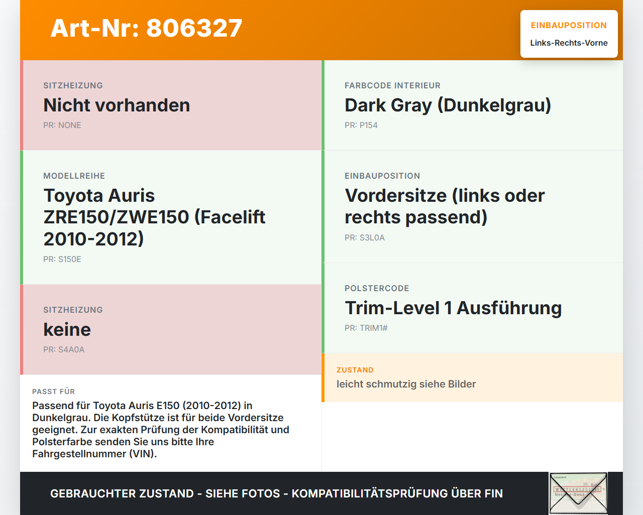 Toyota Auris ZW E150 10-12 Kopfstütze für Fahrer Sitz Rechts oder Links Vorne Toyota Auris ZW E150 10-12 14.04.2011... Vorschau 3