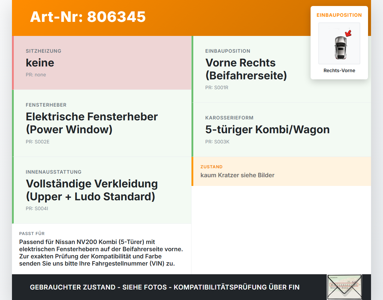 Nissan NV200 N20M 09-21 Kombi Türverkleidung Türpappe Rechts Vorne Nissan NV200 N20M 09-21 23.03.2012 80900BJ21A... Vorschau 3