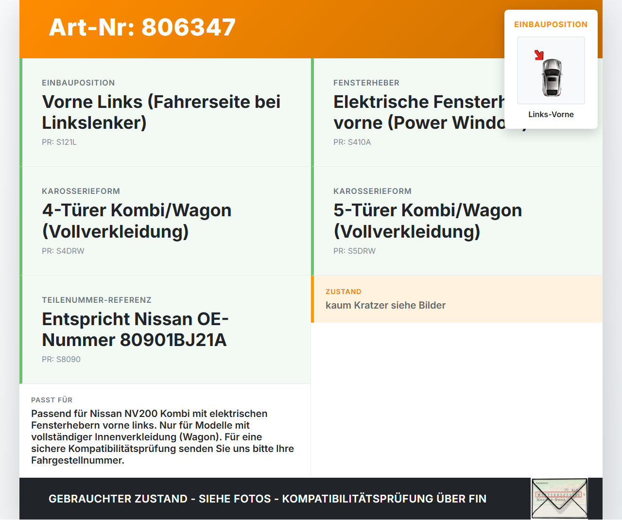 Nissan NV200 N20M 09-21 Kombi Türverkleidung Türpappe Links Vorne Nissan NV200 N20M 09-21 23.03.2012 80901BJ21A... Vorschau 3