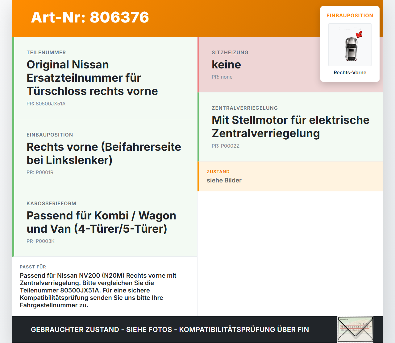 Nissan NV200 N20M 09-21 Kombi Türschloss m. ZV Stellmotor Rechts Vorne Nissan NV200 N20M 09-21 23.03.2012... Vorschau 3