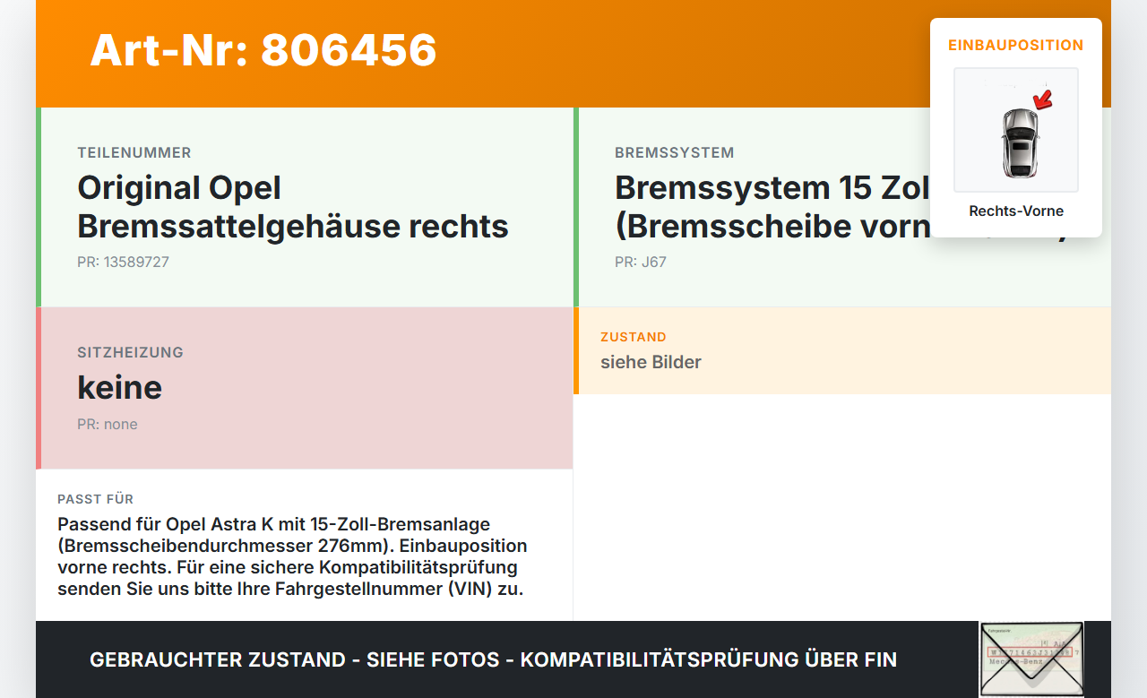 Opel Astra K 15-19 1,0 77KW Bremssattel Bremszange Vorne Rechts 276x26 Opel Astra K 15-19 27.11.2018 13589727 gebraucht Vorschau 3