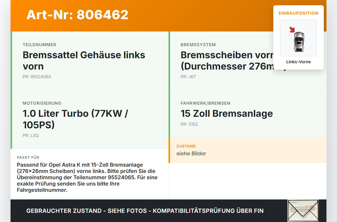 Opel Astra K 15-19 1,0 77KW Bremssattel Bremszange Vorne Links 276x26 Opel Astra K 15-19 27.11.2018 95524065 gebraucht Vorschau 3