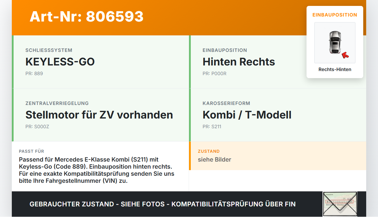 Mercedes S211 W211 E350 06-09 Kombi Türschloss m. ZV Stellmotor Rechts Hinten Mercedes S211 W211 E350 06-09... Vorschau 3