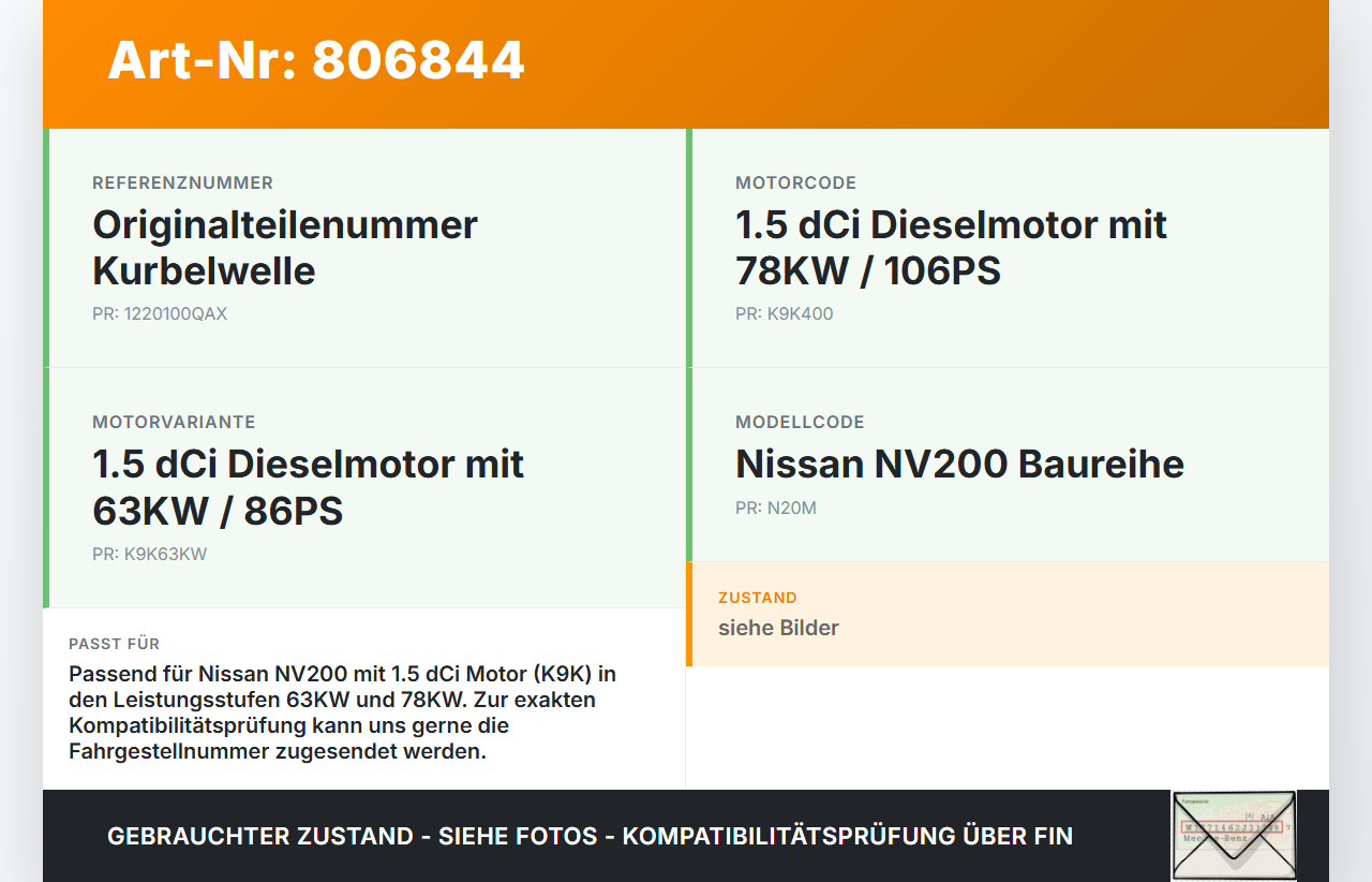 Nissan NV200 N20M 09-21 dCi 110 1,5 78KW K9K400 Kurbelwelle Nissan NV200 N20M 09-21 23.03.2012 1220100QAX gebraucht Vorschau 3