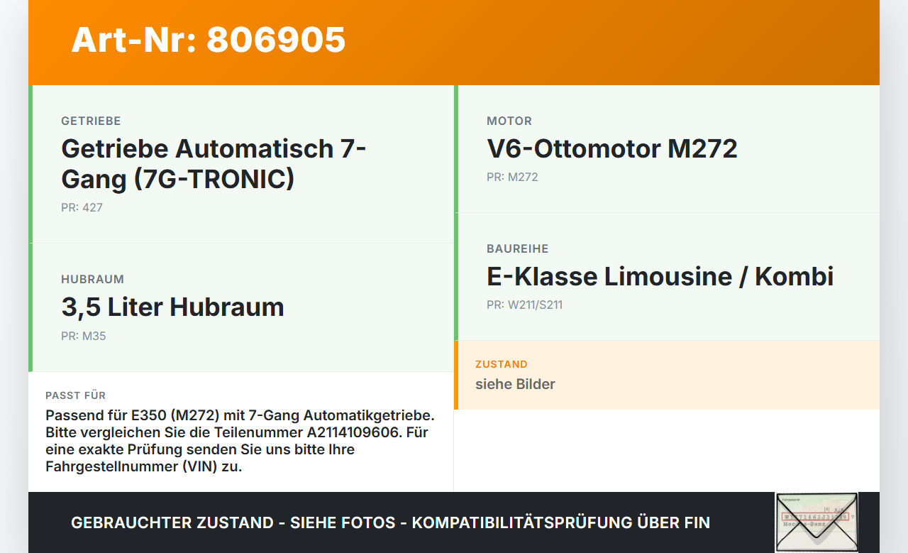 Mercedes S211 W211 E350 06-09 3,5 200KW Kardanwelle Mercedes S211 W211 E350 06-09 28.04.2008 A2114109606 gebraucht Vorschau 3