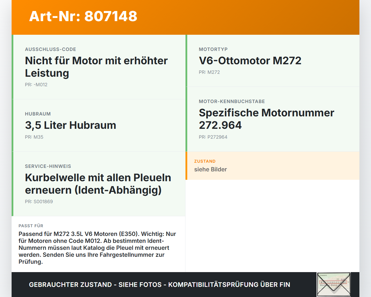Mercedes S211 W211 E350 06-09 3,5 200KW 272964 Kurbelwelle Mercedes S211 W211 E350 06-09 28.04.2008 A2720300901... Vorschau 3