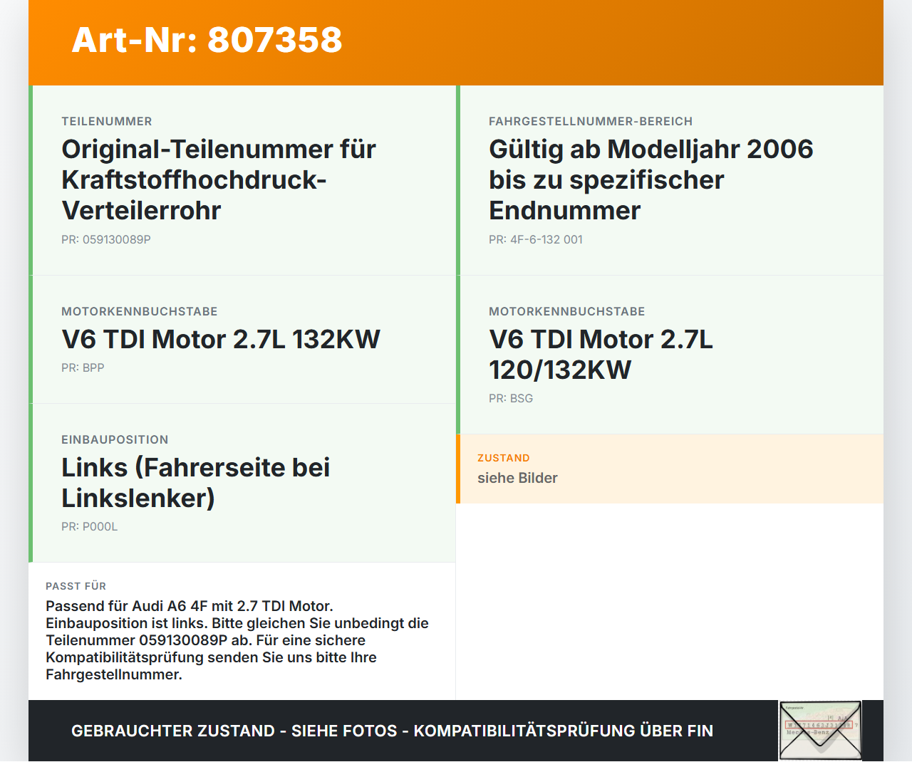 Audi A6 4F 6C 05-08 TDI 2,7 132KW Verteilerrohr für Hochdruck Verteiler Audi A6 4F 6C 05-08 30.11.2005 059130089P... Vorschau 3