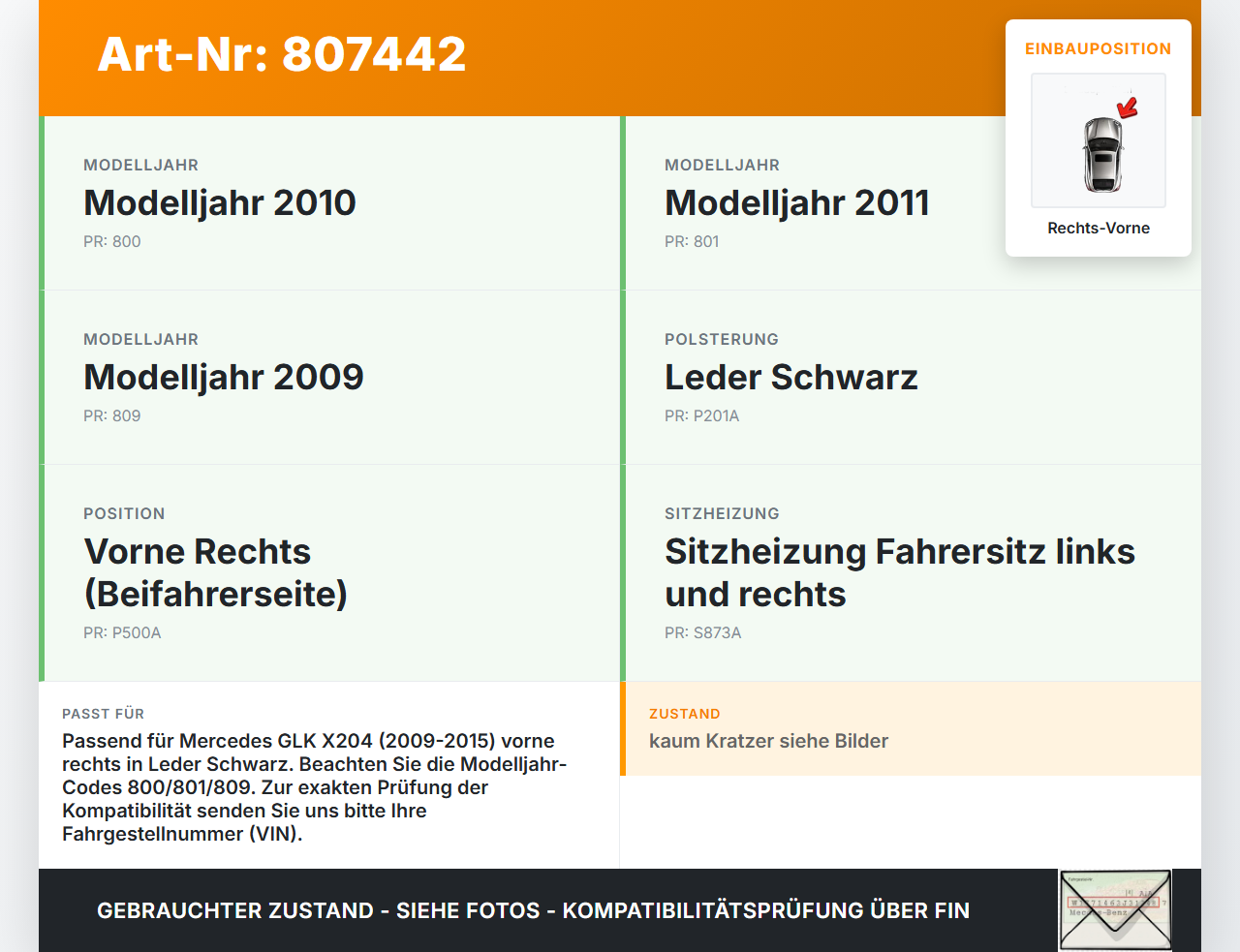 Mercedes X204 GLK 09-15 Türverkleidung Türpappe Rechts Vorne Mercedes X204 GLK 09-15 21.02.2009 A2047209862 gebraucht Vorschau 3