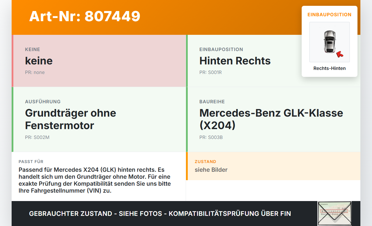 Mercedes X204 GLK 09-15 Fensterheber o. FH-Motor Hinten Rechts Mercedes X204 GLK 09-15 21.02.2009 A2047301279 gebraucht Vorschau 3