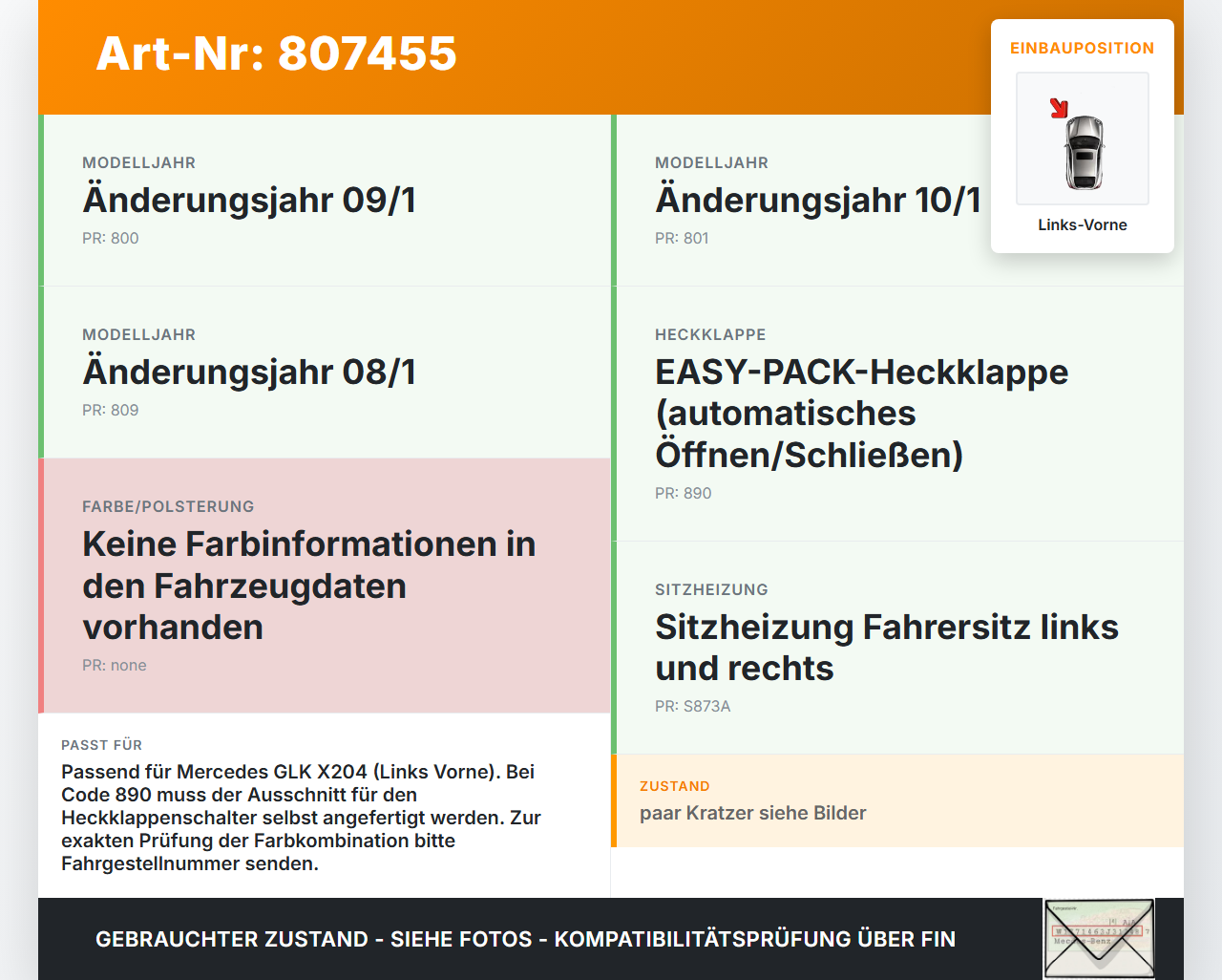 Mercedes X204 GLK 09-15 Türverkleidung Türpappe Links Vorne Mercedes X204 GLK 09-15 21.02.2009 A2047209762 gebraucht Vorschau 3