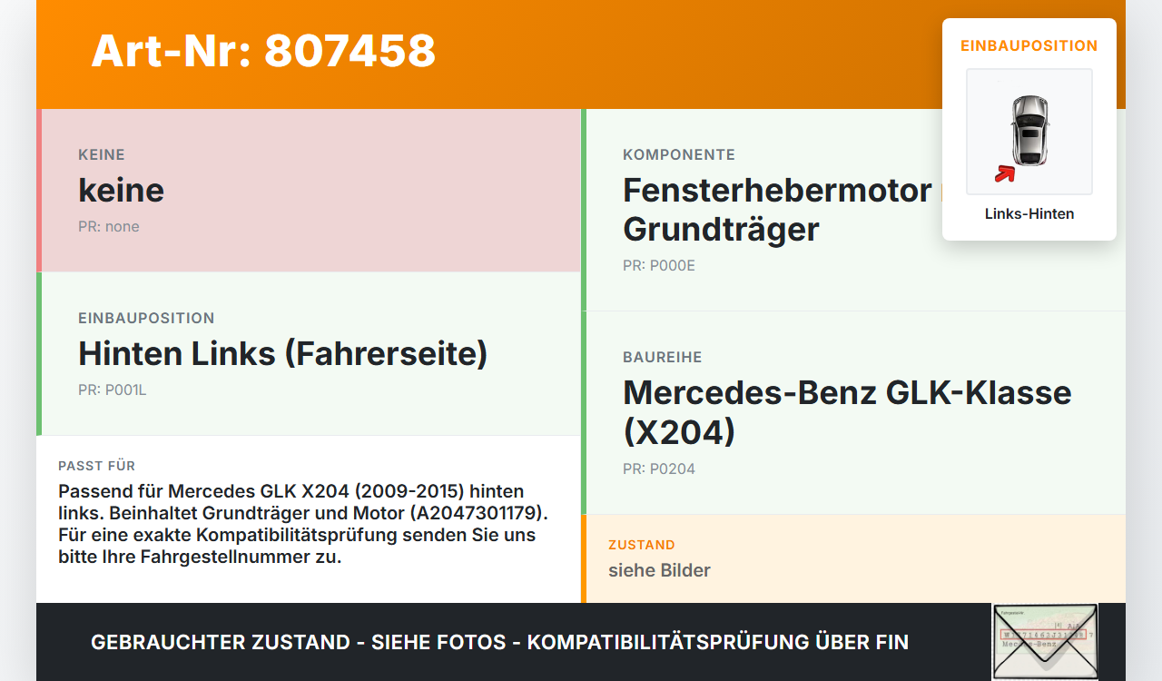 Mercedes X204 GLK 09-15 Fensterhebermotor mit Fensterheber Links Hinten Mercedes X204 GLK 09-15 21.02.2009... Vorschau 3