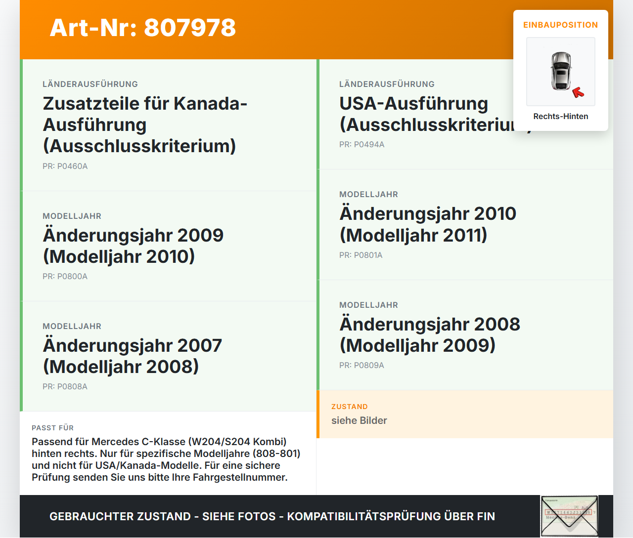 Mercedes W204 S204 C180 11-14 Kombi Türschloss Sperre m. ZV Stellmotor Rechts Hinten Mercedes W204 S204 C180 11-14... Vorschau 3