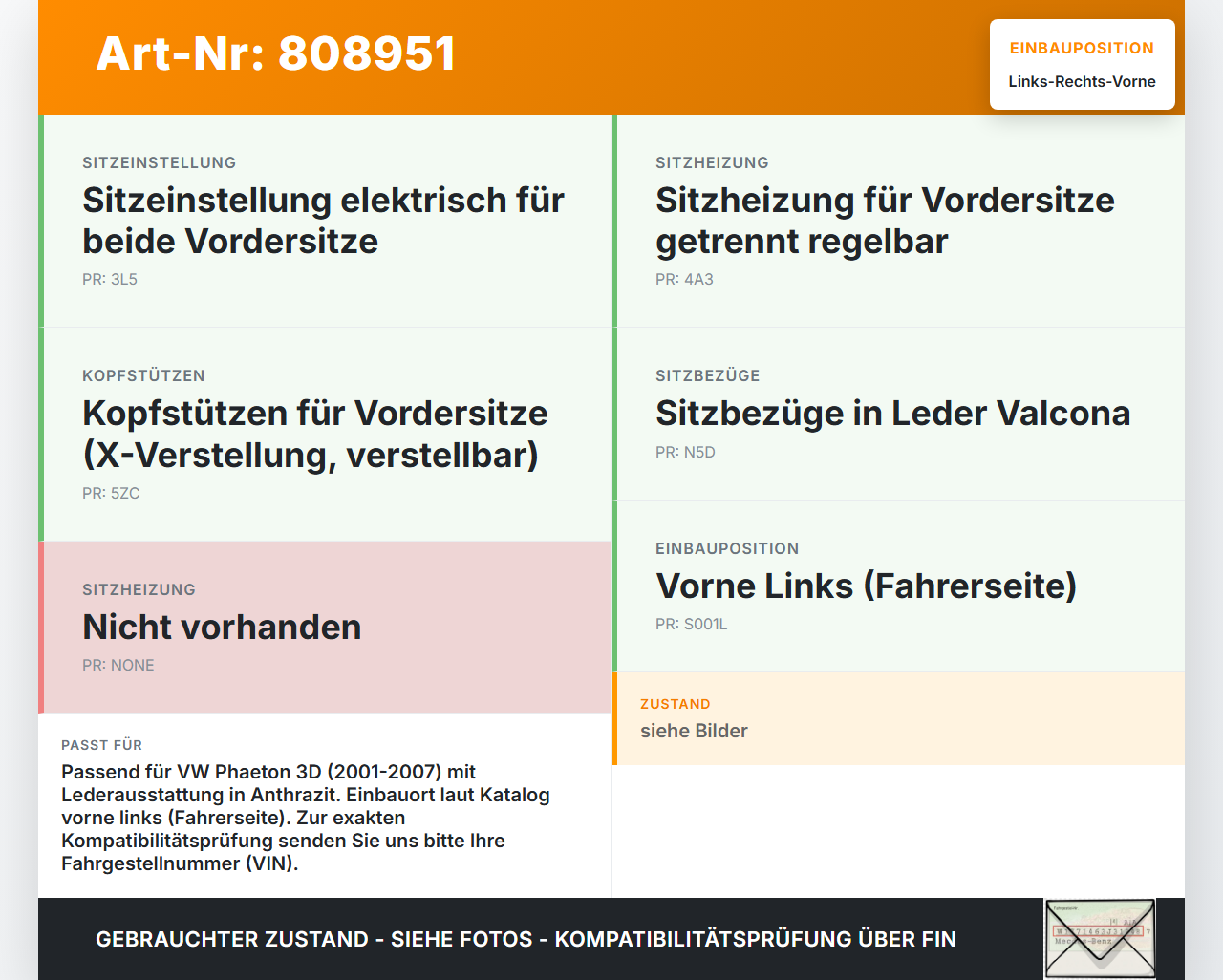 VW Phaeton 3D 01-07 Kopfstütze für Fahrer Sitz Rechts oder Links Vorne VW Phaeton 3D 01-07 24.05.2007 3D0881901AN... Vorschau 3