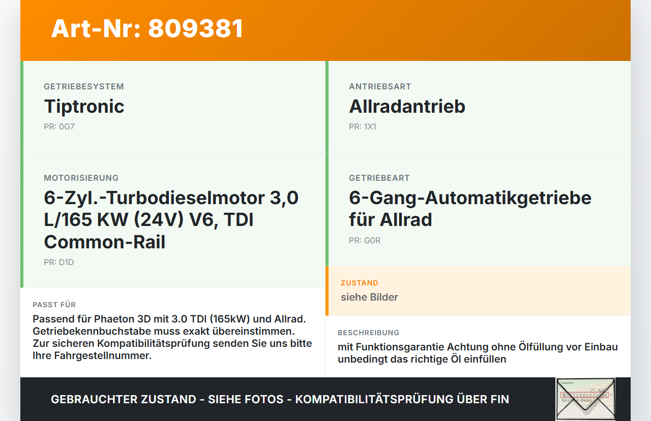 VW Phaeton 3D 01-07 TDI 3,0 165KW HYV 6G Automatikgetriebe Getriebe ohne Wandler VW Phaeton 3D 01-07 24.05.2007... Vorschau 3