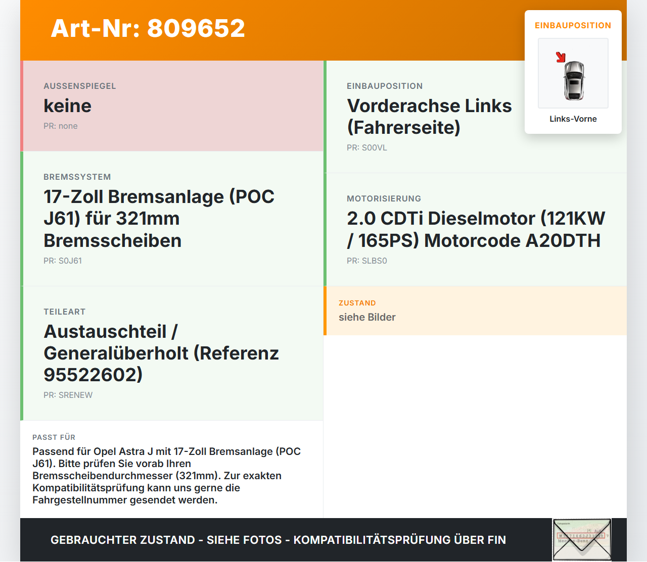 Opel Astra J 12-18 CDTi 2,0 121KW Bremssattel Bremszange Vorne Links Opel Astra J 12-18 05.05.2015 13301226 542113... Vorschau 3