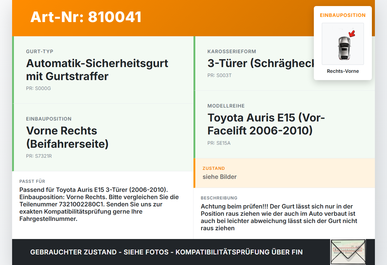 Toyota Auris E15 06-10 3T Gurt Sicherheitsgurt Rechts Vorne Toyota Auris E15 06-10 17.08.2009 7321002280C1... Vorschau 3