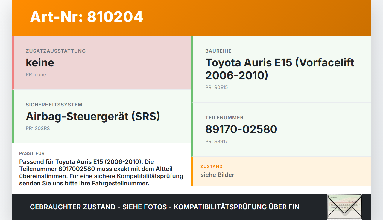 Toyota Auris E15 06-10 Airbag Steuergerät Airbagsteuergerät Toyota Auris E15 06-10 17.08.2009 8917002580... Vorschau 3