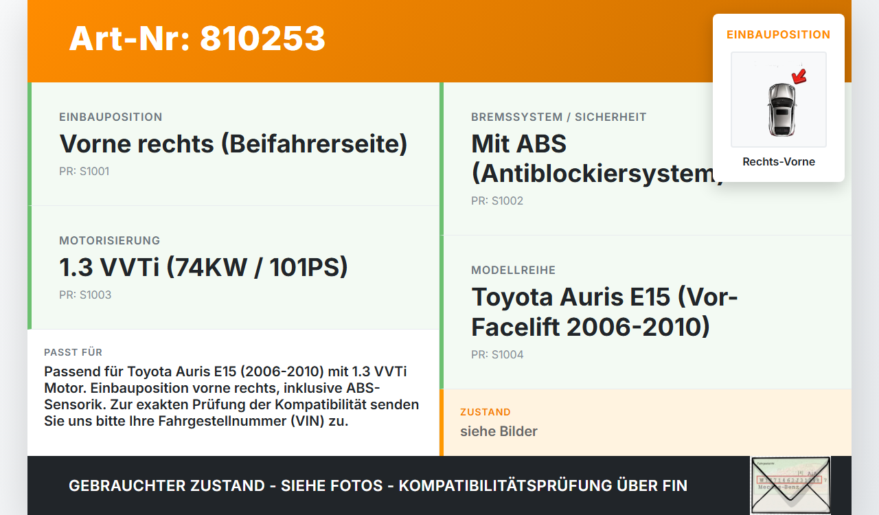 Toyota Auris E15 06-10 VVTi 1,3 74KW Achsschenkel Radnabe mit ABS Rechts Vorne Toyota Auris E15 06-10 17.08.2009... Vorschau 3