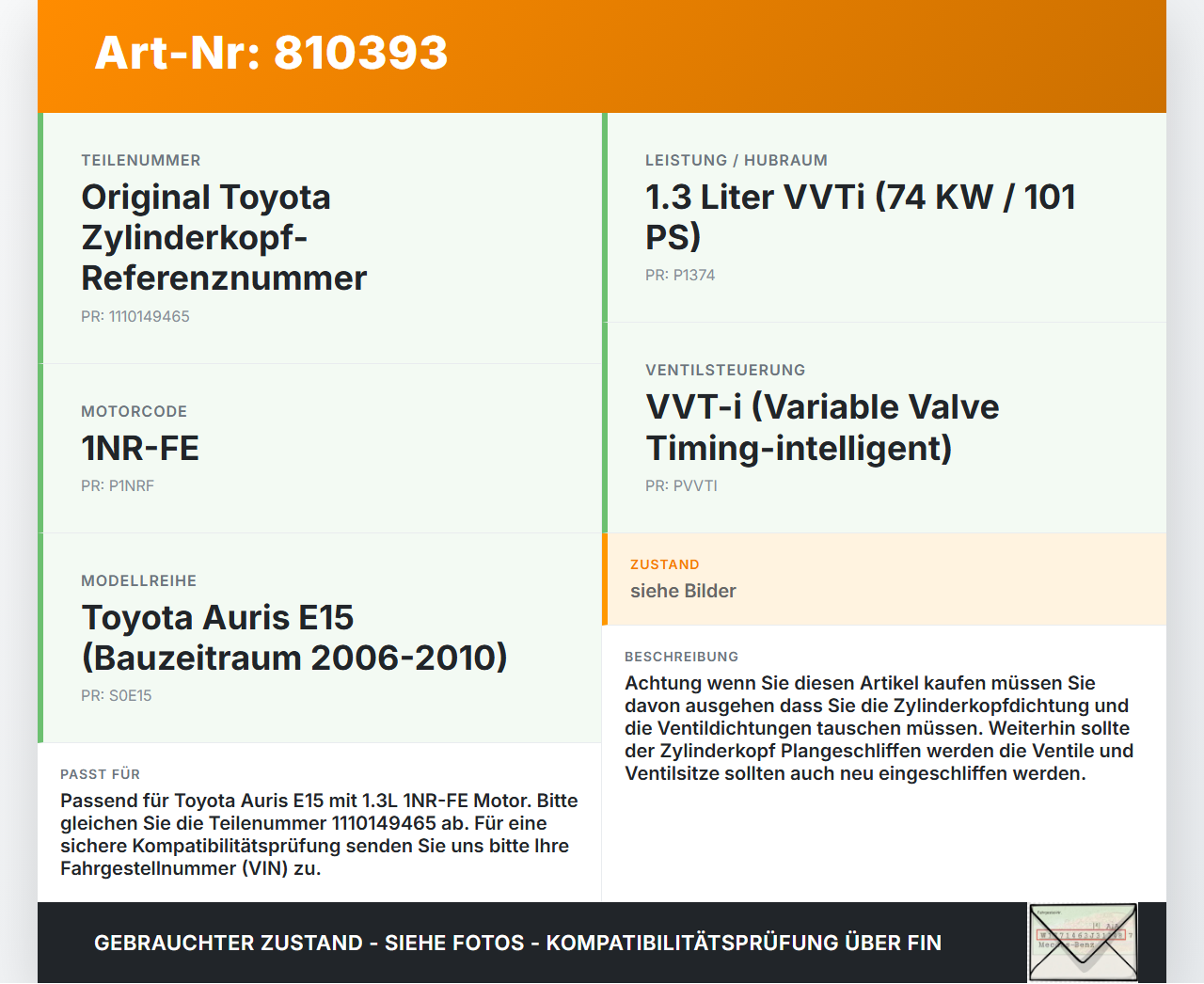 Toyota Auris E15 06-10 VVTi 1,3 74KW 1NRFE Zylinderkopf Toyota Auris E15 06-10 17.08.2009 1110149465 gebraucht Vorschau 3