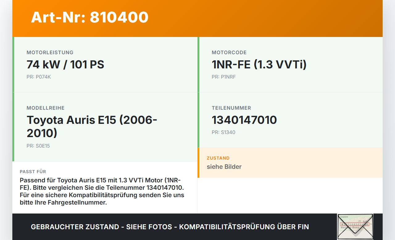 Toyota Auris E15 06-10 VVTi 1,3 74KW 1NRFE Kurbelwelle Toyota Auris E15 06-10 17.08.2009 1340147010 gebraucht Vorschau 3